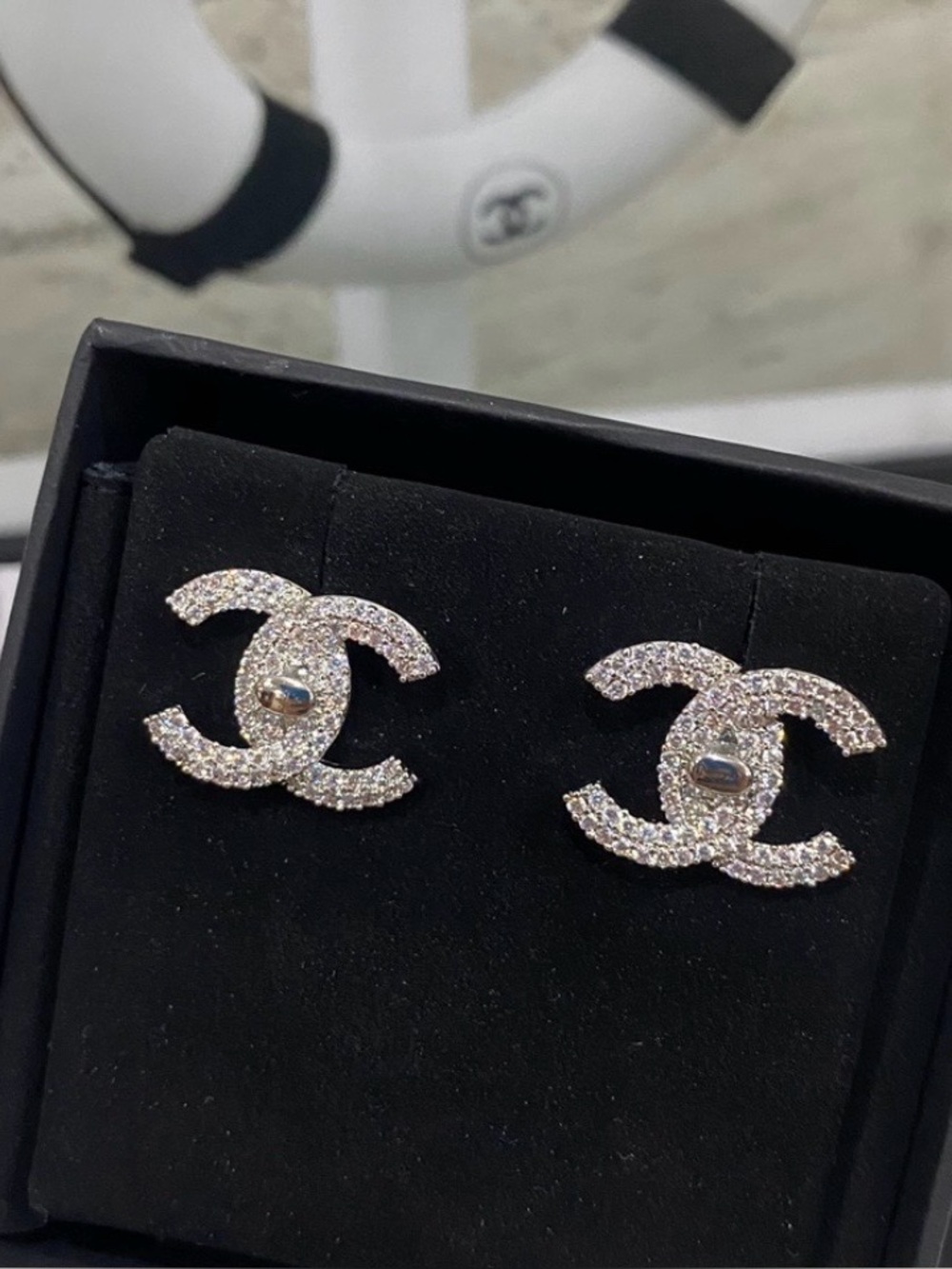 Double C Turn Lock Crystal Encrusted Stud Earrings for Pierced Ears